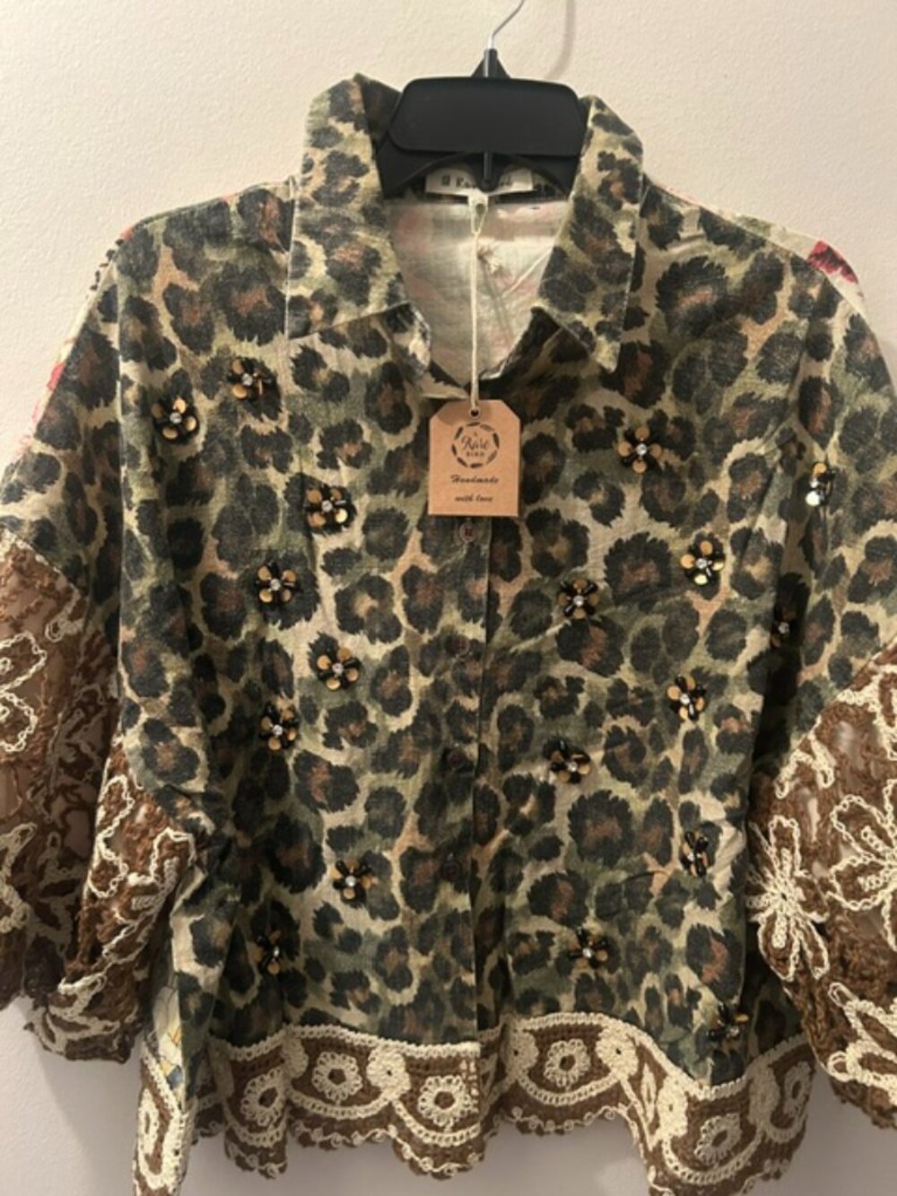 A Rare Bird Leopard Floral Print Crochet Beaded Button Front Garden Jacket NWT - Picture 1 of 16